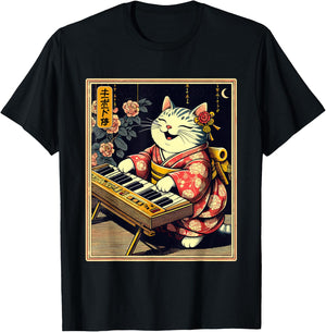 Japanese Samurai Cat Playing The Keyboard T-Shirt - T-Shirt | Black