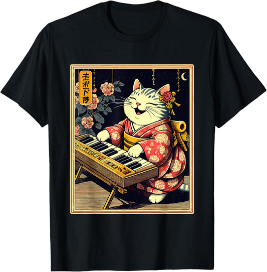Japanese Samurai Cat Playing The Keyboard T-Shirt - T-Shirt | Black