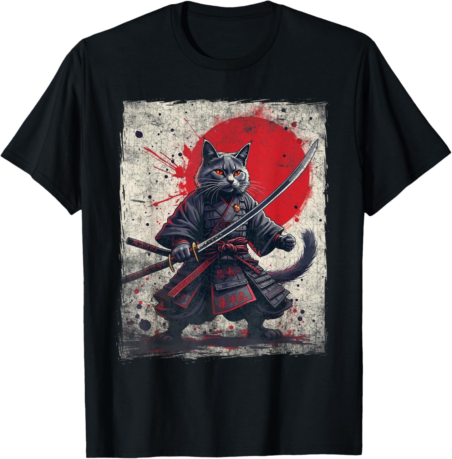 Samurai Cat Ukiyo-e Warrior Art Vintage Ninja Cat Graphic Women Kids T-Shirt - T-Shirt | Black