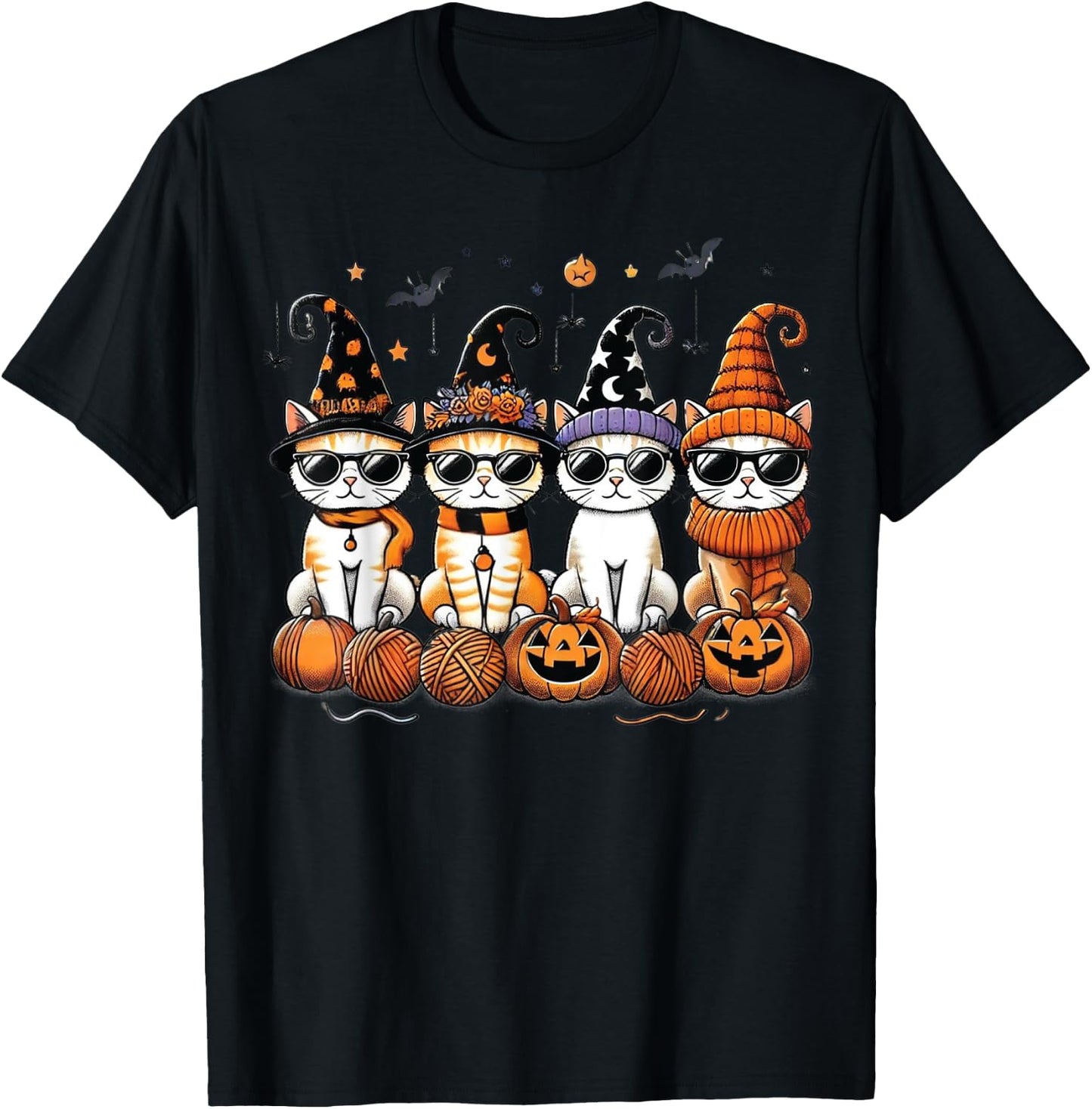 Cute Cats Witch Hat Funny Halloween Pumpkin Women Girls T-Shirt - T-Shirt | Black