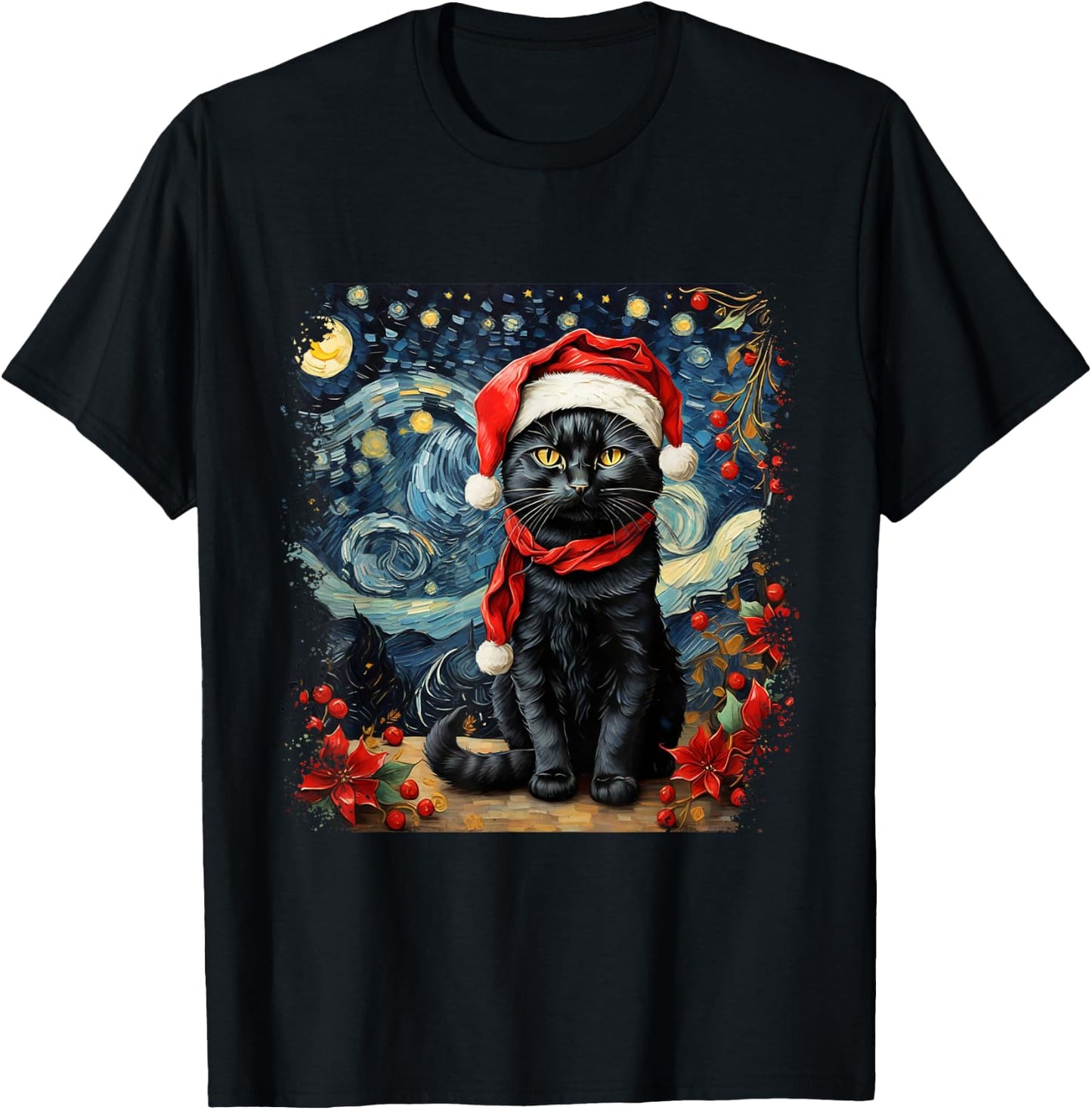 Van Gogh Starry Night Cat Funny Cat Christmas T-Shirt - T-Shirt | Black