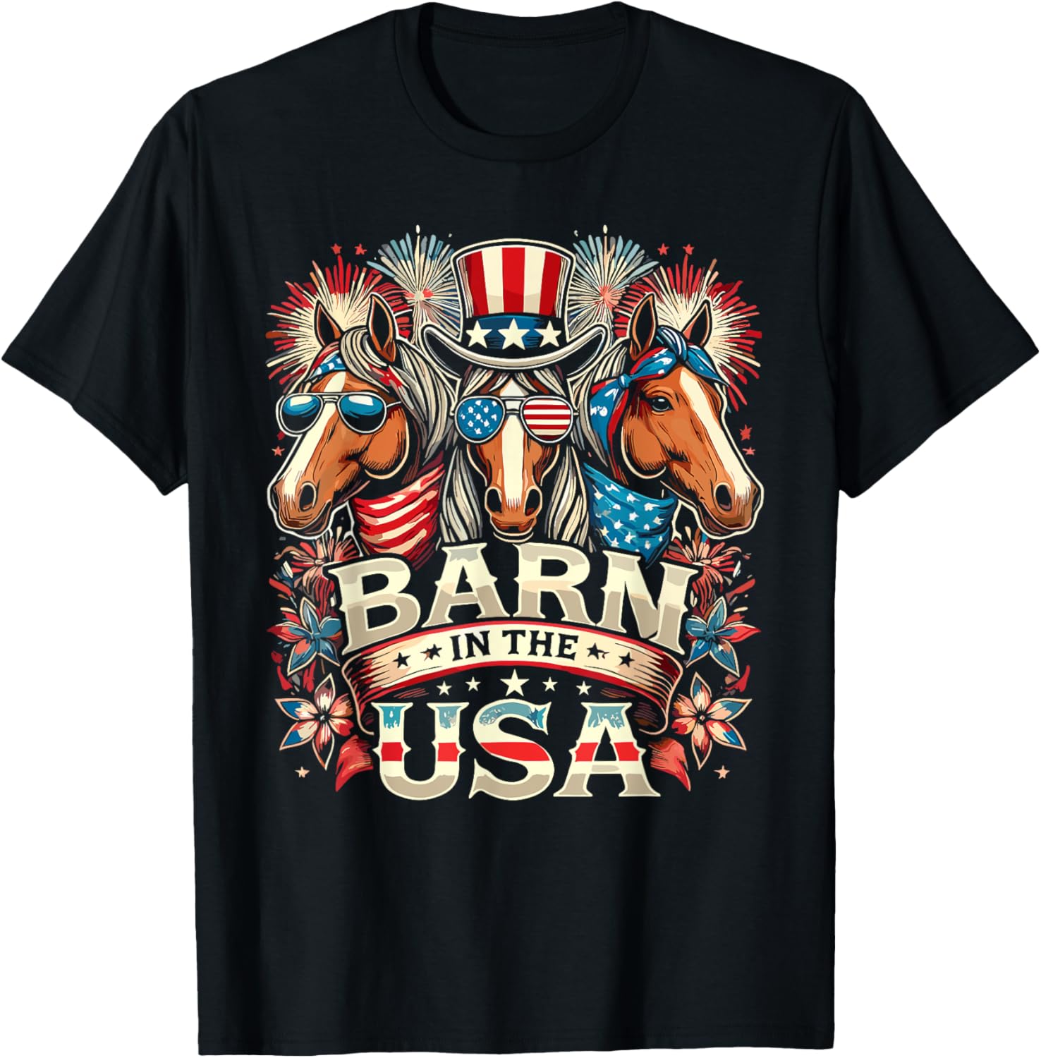 Barn In The USA 4th Of July Horse Patriotic Women Kids Men T-Shirt - T-Shirt | Black