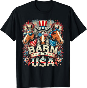 Barn In The USA 4th Of July Horse Patriotic Women Kids Men T-Shirt - T-Shirt | Black