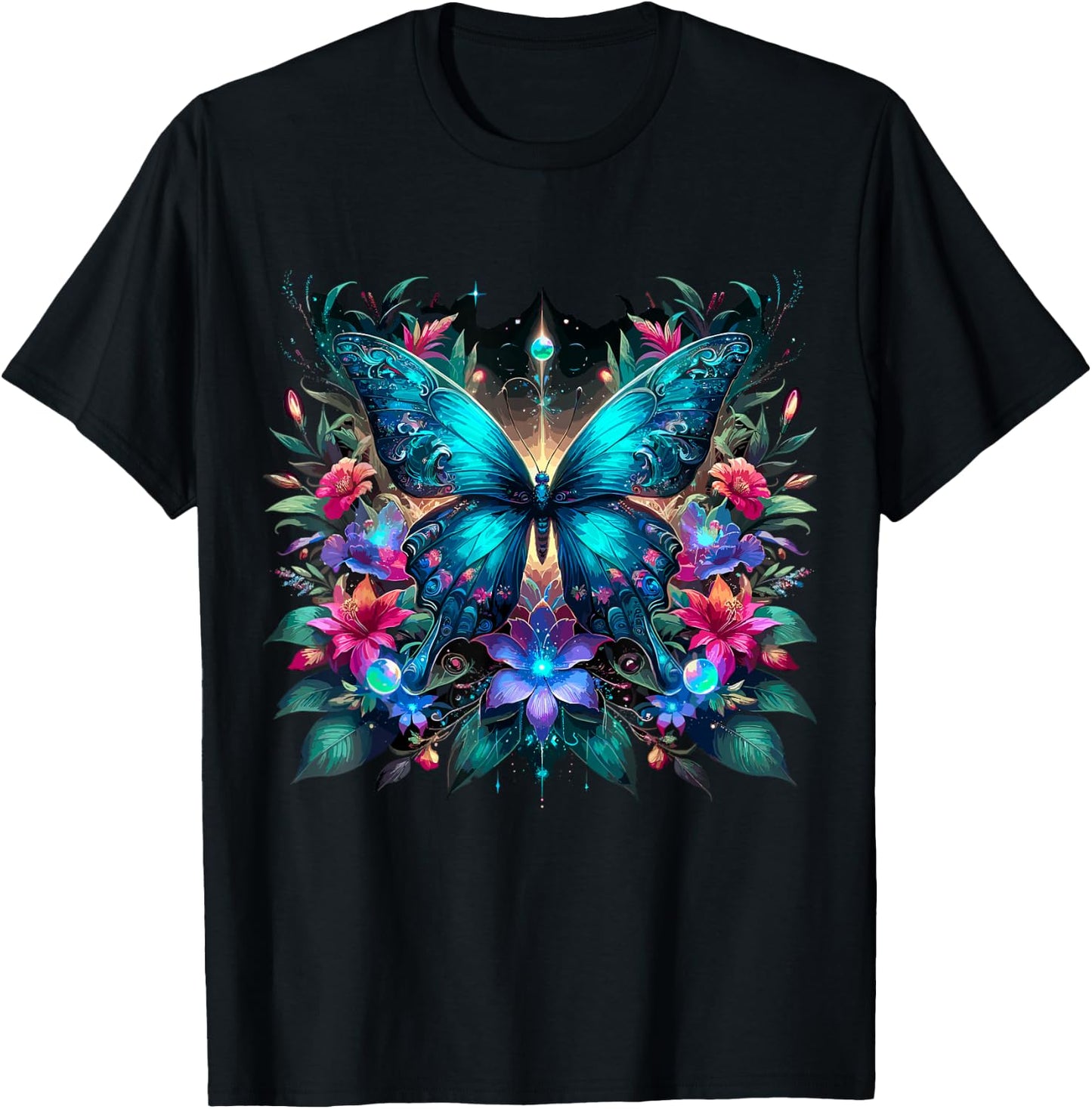 Magical Butterfly and Flowers T-Shirt - T-Shirt | Black