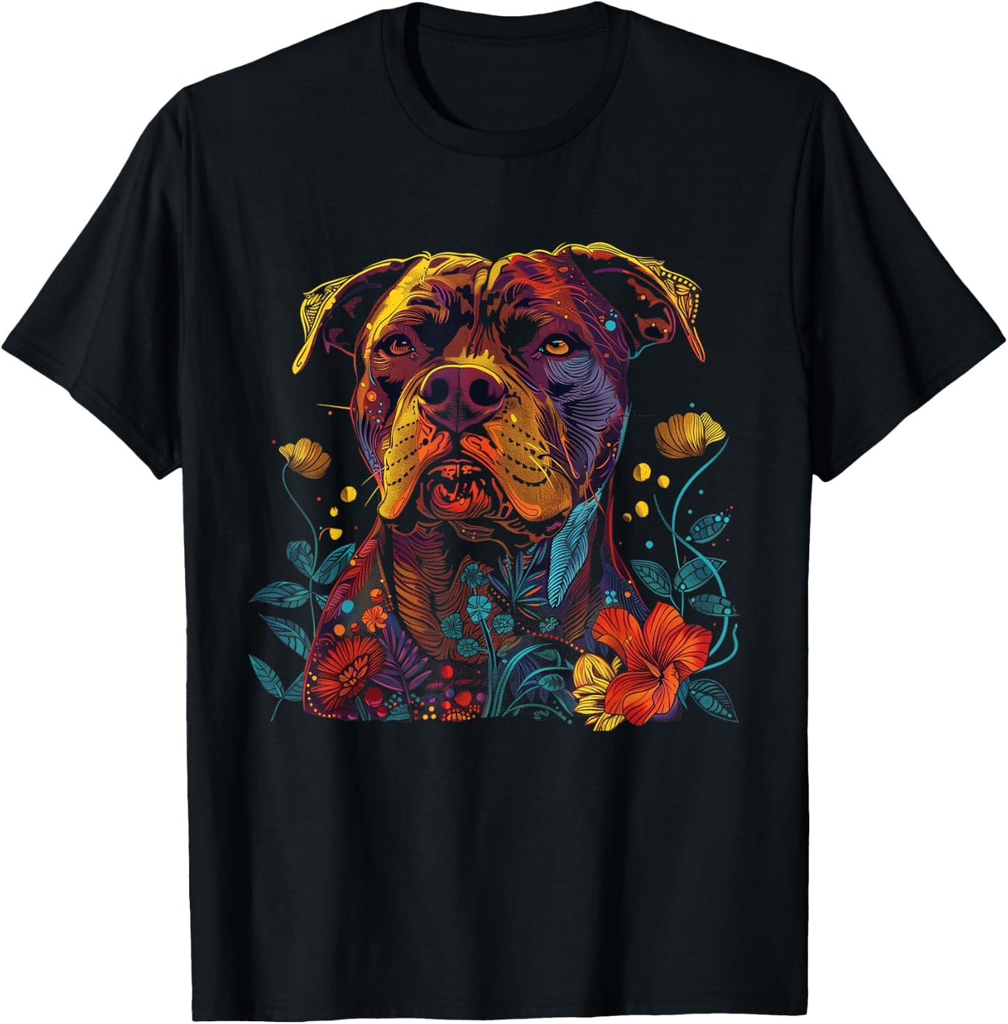 Pitbull Floral Dog Lover Vintage Flower Art Pitbull Mom Dad T-Shirt - T-Shirt | Black
