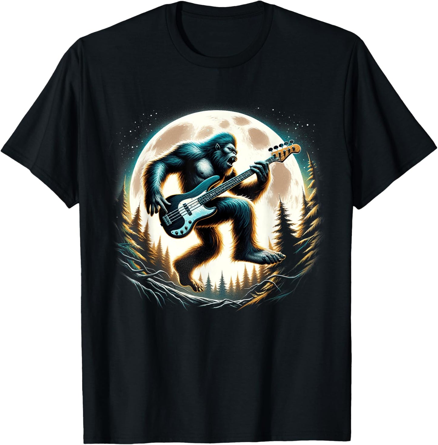 Sasquatch Bigfoot Playing Bass Guitar Full Moon Rockstar T-Shirt - T-Shirt | Black