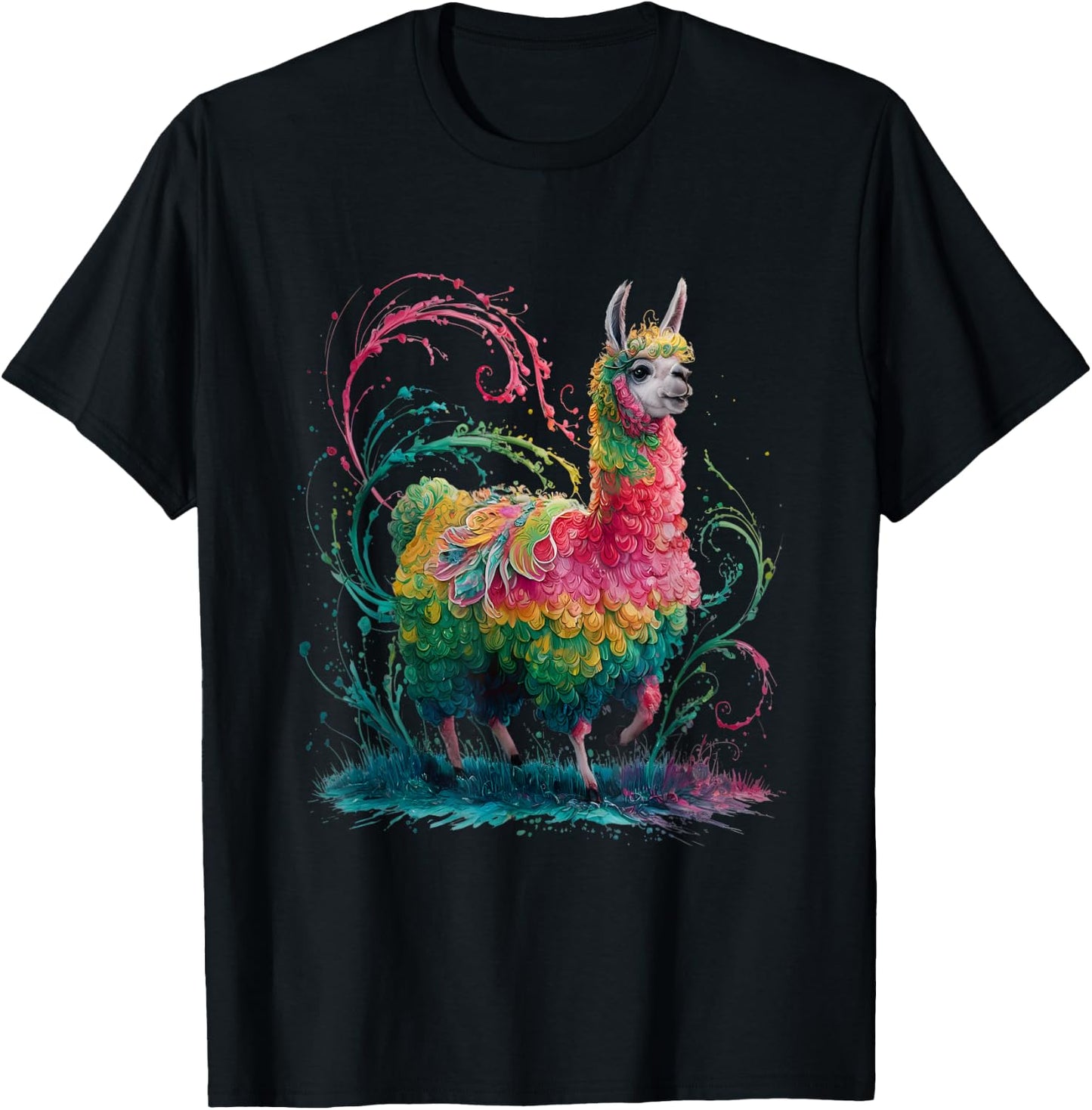 Lama Men's Women's Colourful Watercolour Llama T-Shirt - T-Shirt | Black
