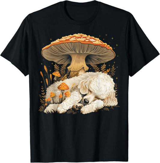 Cute Poodle Dog Cottagecore Aesthetic Under The Mushroom T-Shirt - T-Shirt | Black
