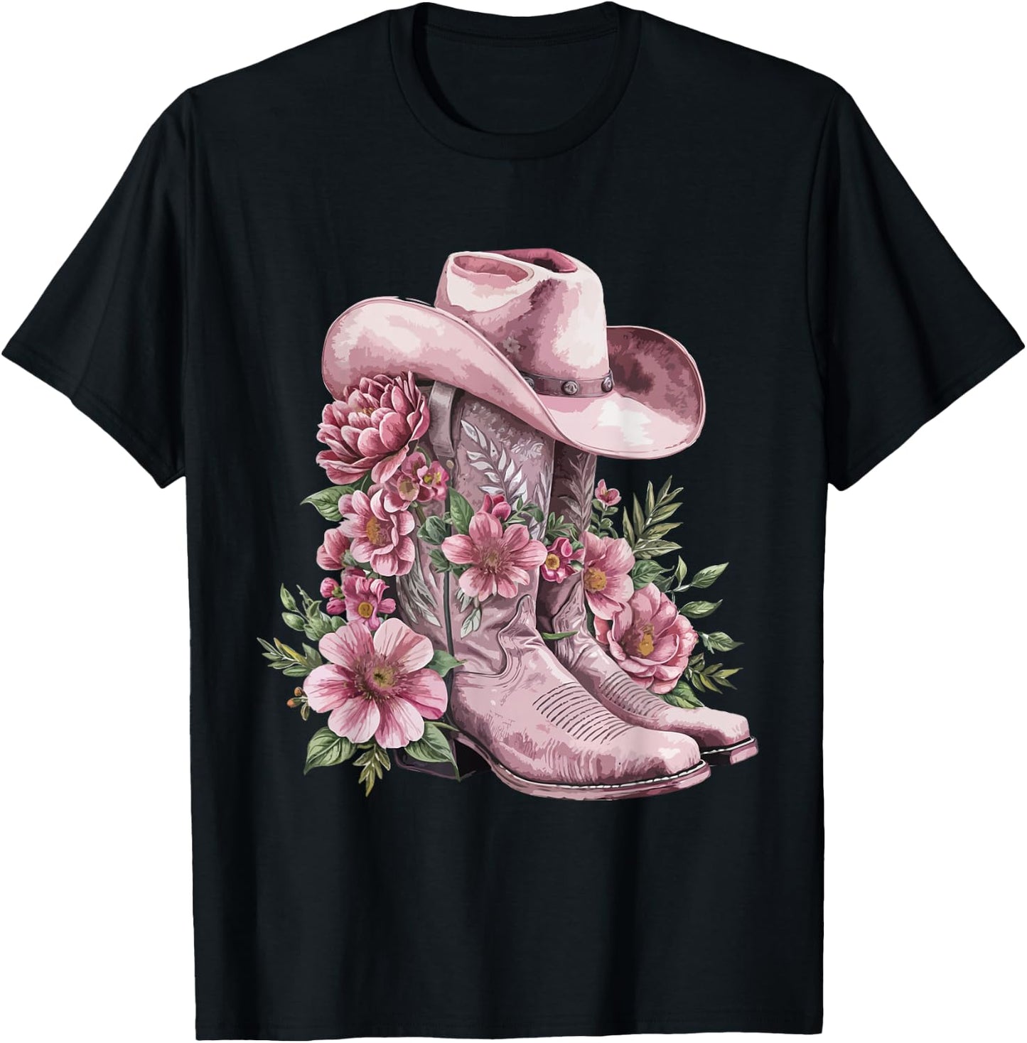 Watercolor Cowgirl Floral Boots Hat Western Boots Boho Women T-Shirt - T-Shirt | Black