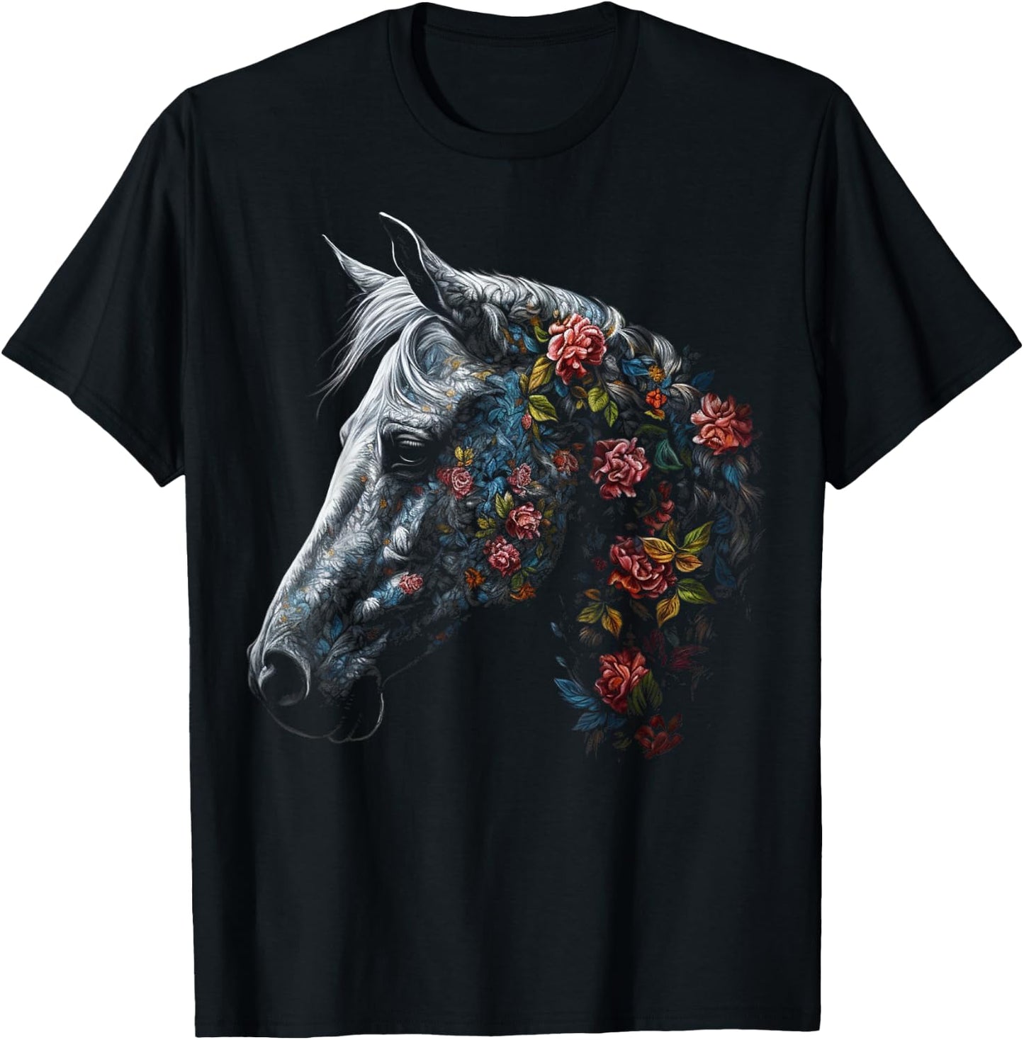 Horse Art Flowers - Horse Motif Riding Animals Horse T-Shirt - T-Shirt | Black