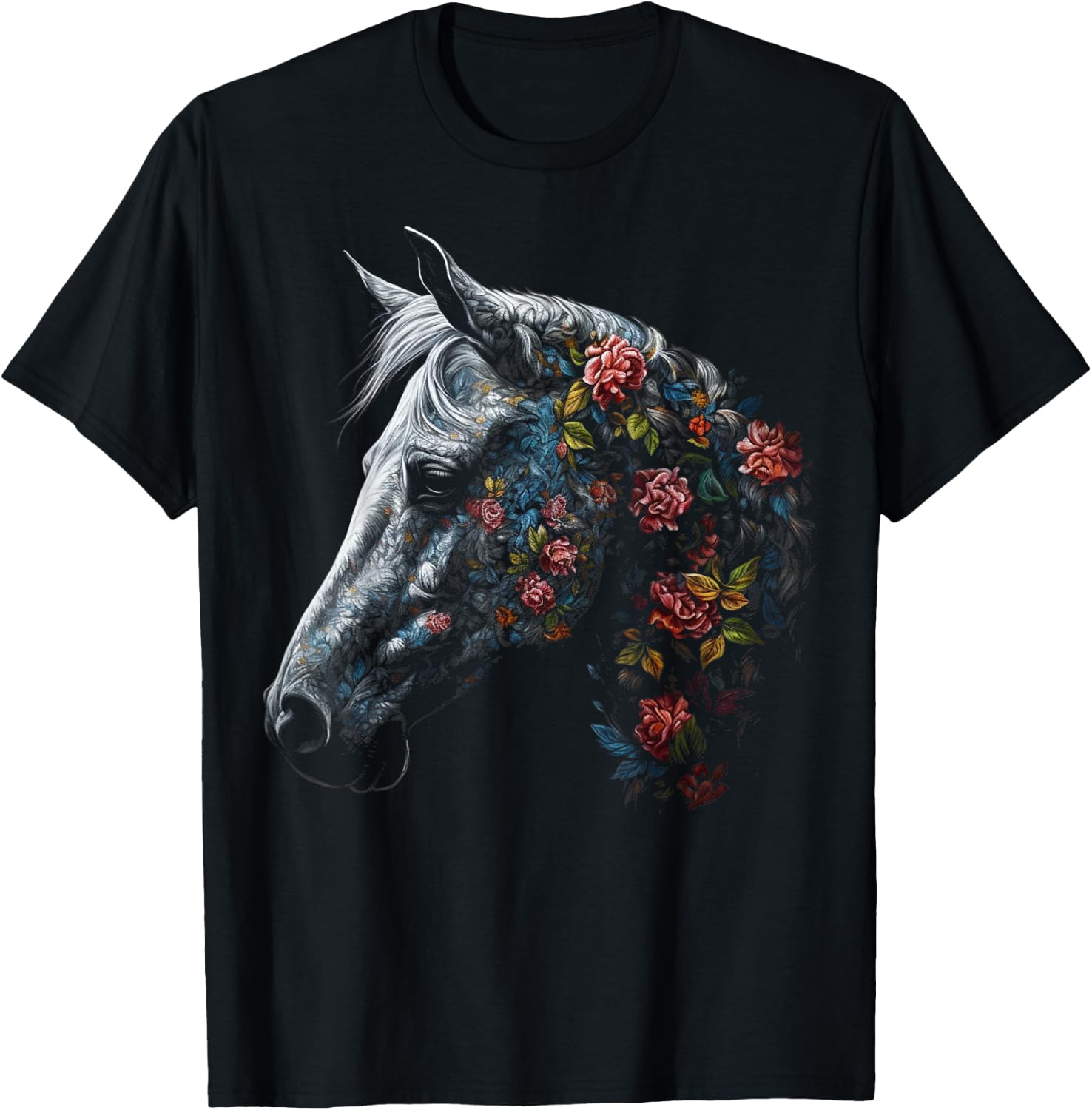Horse Art Flowers - Horse Motif Riding Animals Horse T-Shirt - T-Shirt | Black