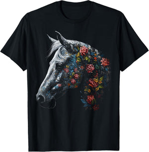 Horse Art Flowers - Horse Motif Riding Animals Horse T-Shirt - T-Shirt | Black