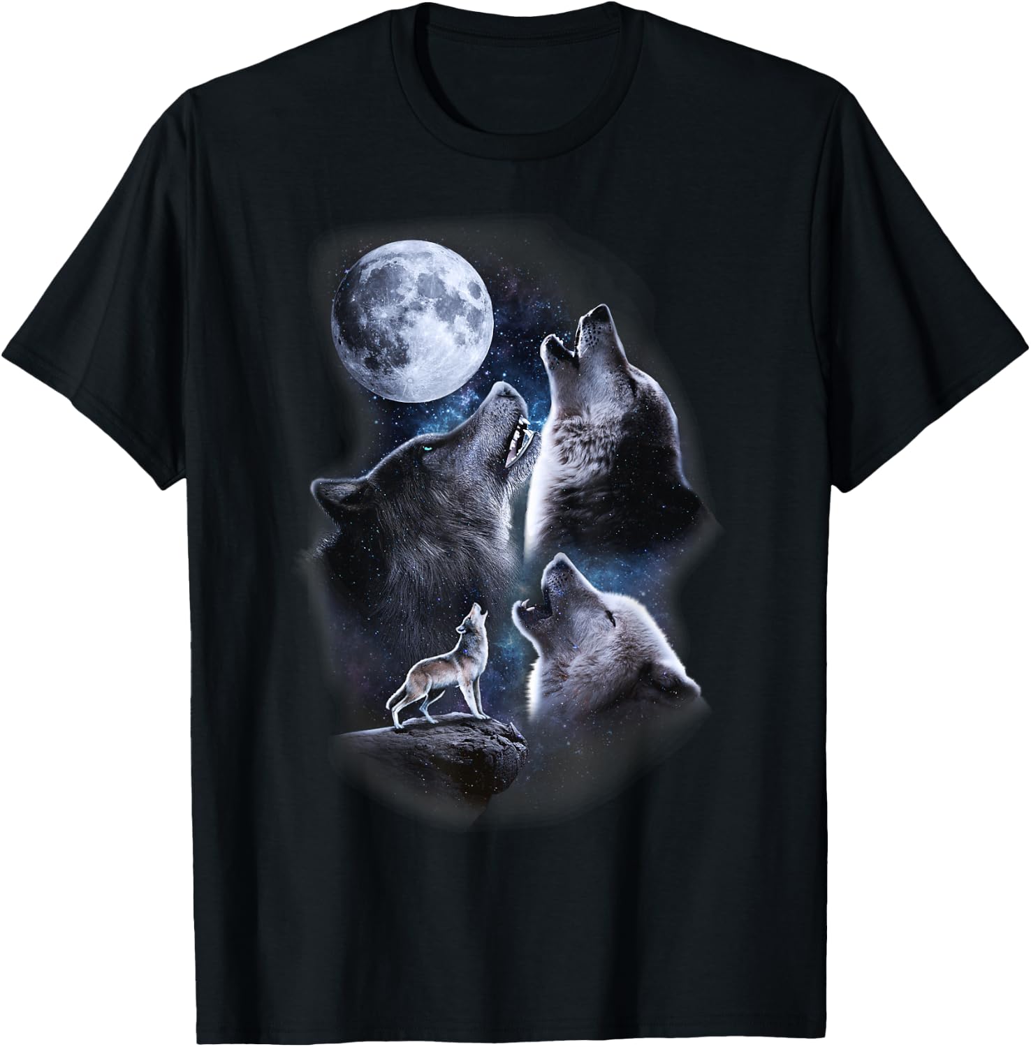 Howling wolves in the full moon moonlight with starry sky T-Shirt - T-Shirt | Black