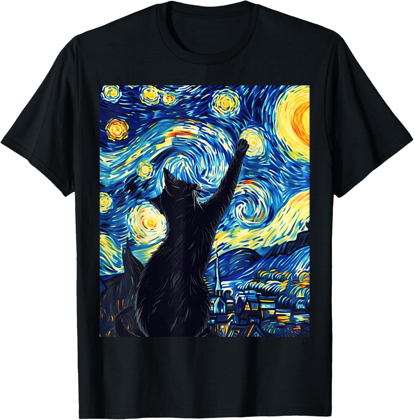 Van Gogh Style Starry Night Cute Cat Art T-Shirt - T-Shirt | Black