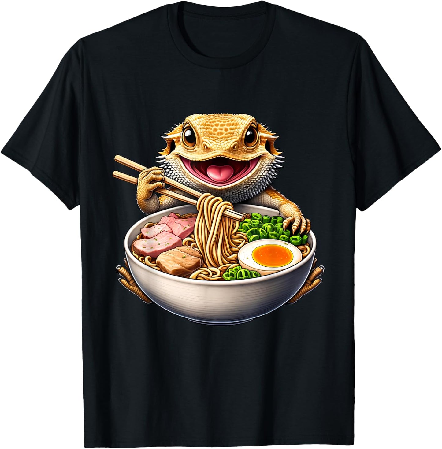 Bearded Dragon Eating Ramen Noodle Kawaii Japanese Food T-Shirt - T-Shirt | Black