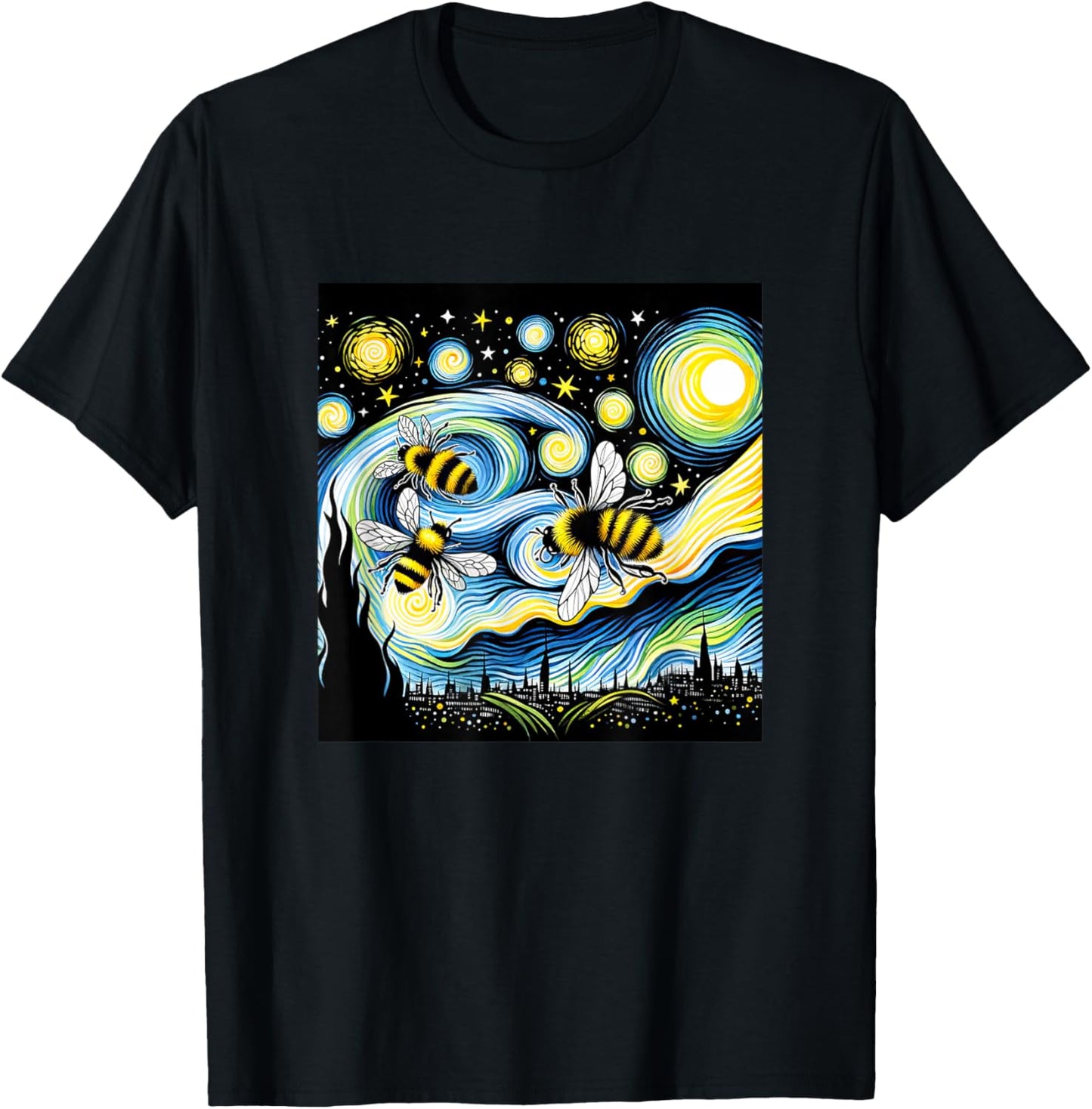 Bee Van Gogh Starry Night Art Painting Vintage T-Shirt - T-Shirt | Black