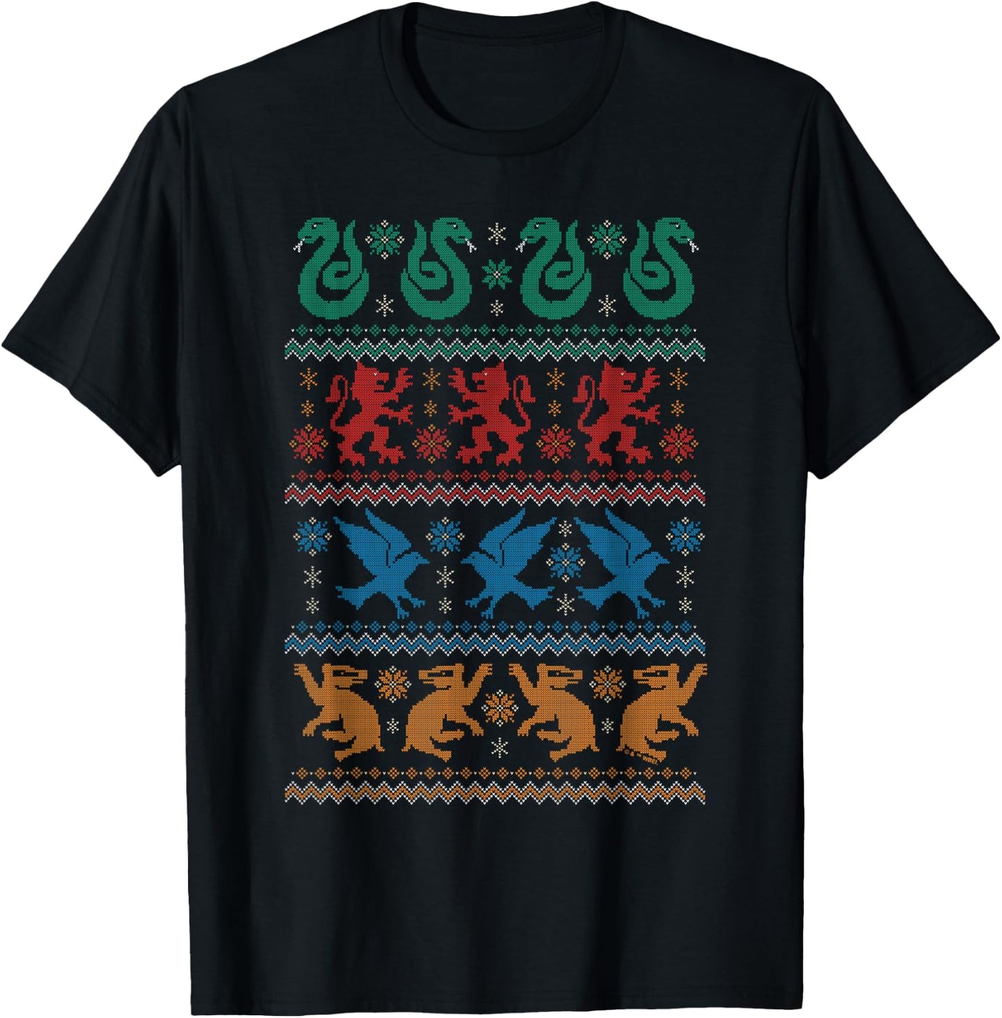 Harry Potter Hogwarts Houses Fair Isle Christmas T-Shirt - T-Shirt | Black