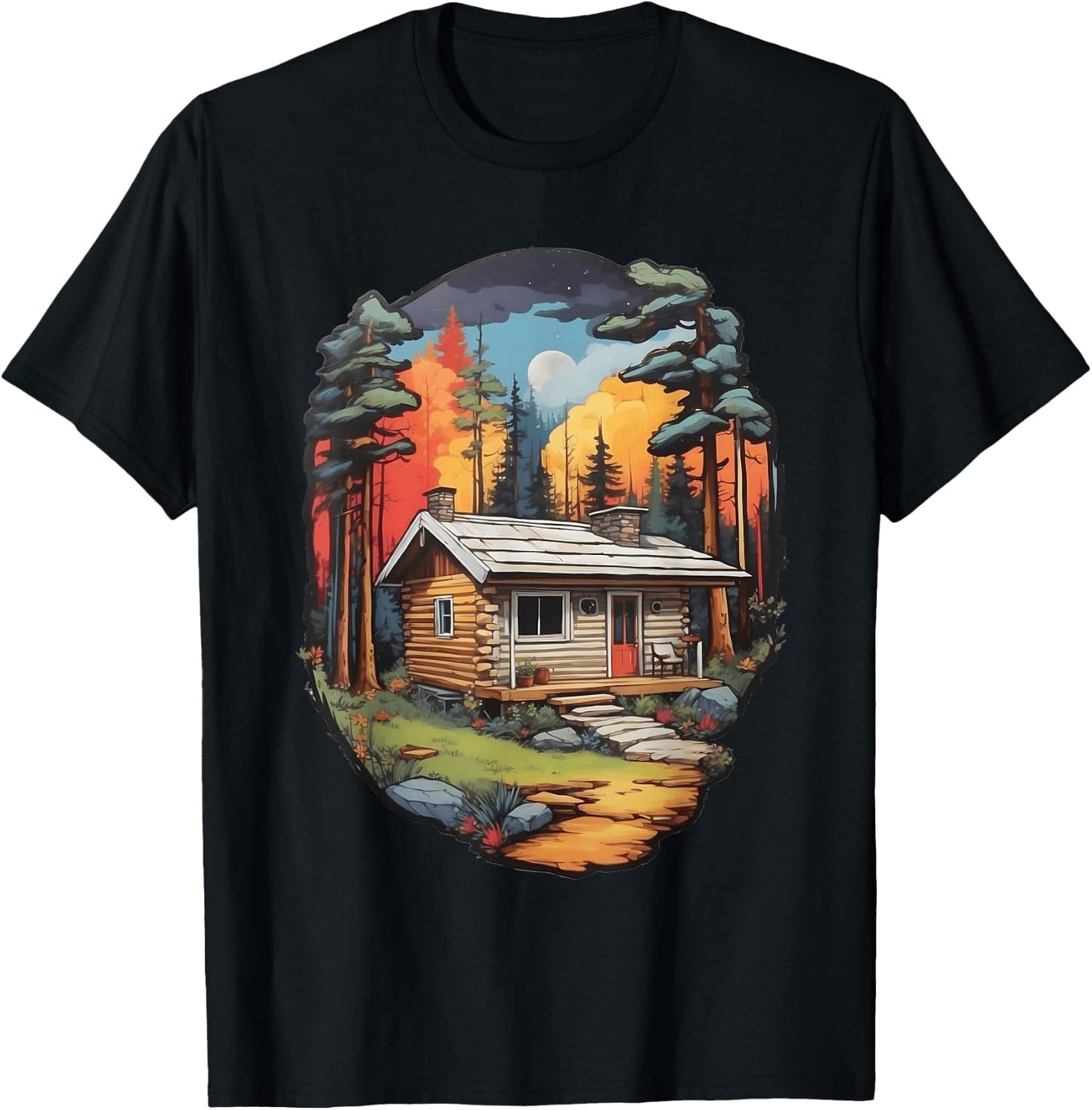 Tranquil Forest Log Cabin - Colorful Woods Scene T-Shirt - T-Shirt | Black