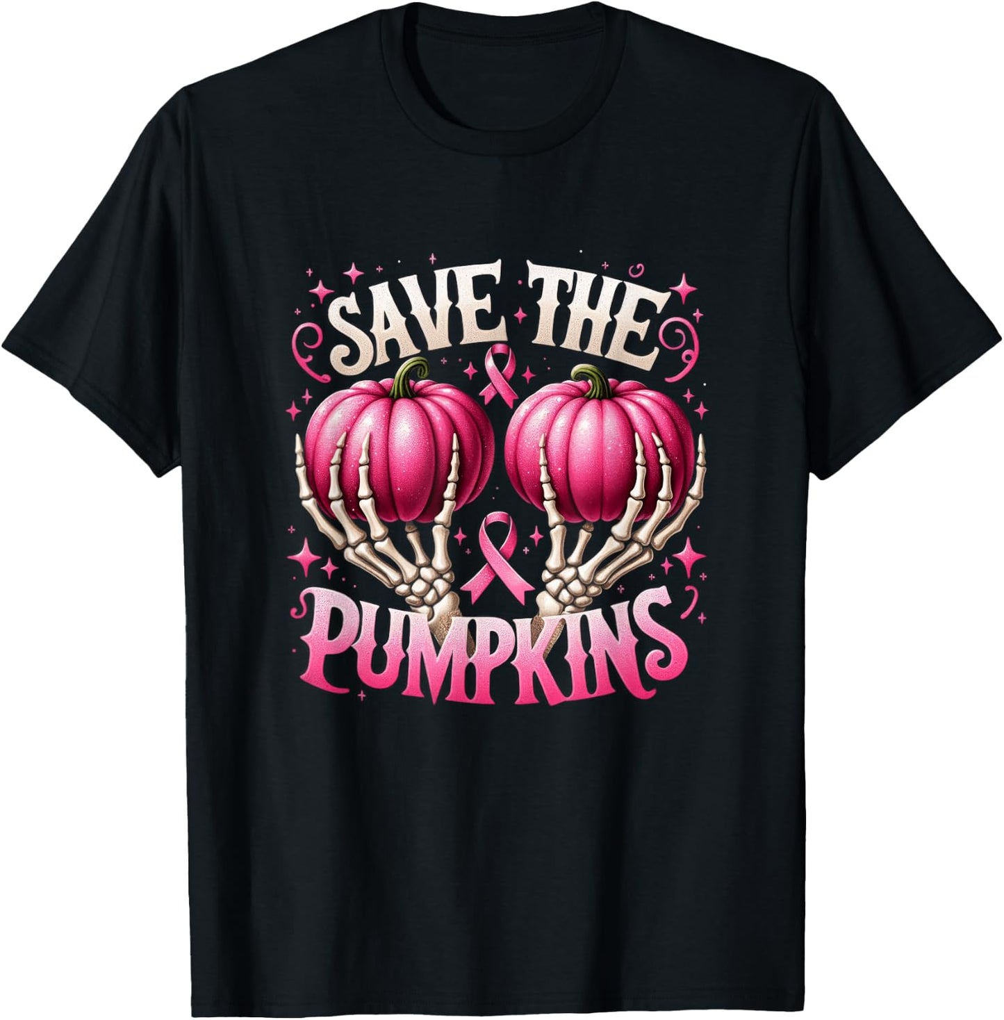 Save The Pumpkins Breast Cancer Awareness Skeleton Halloween T-Shirt - T-Shirt | Black