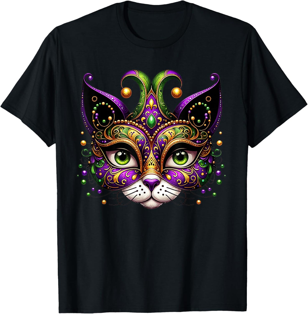 Meowdy Gras Cat Kitten Masquerade Mardi Gras Beads Women T-Shirt - T-Shirt | Black