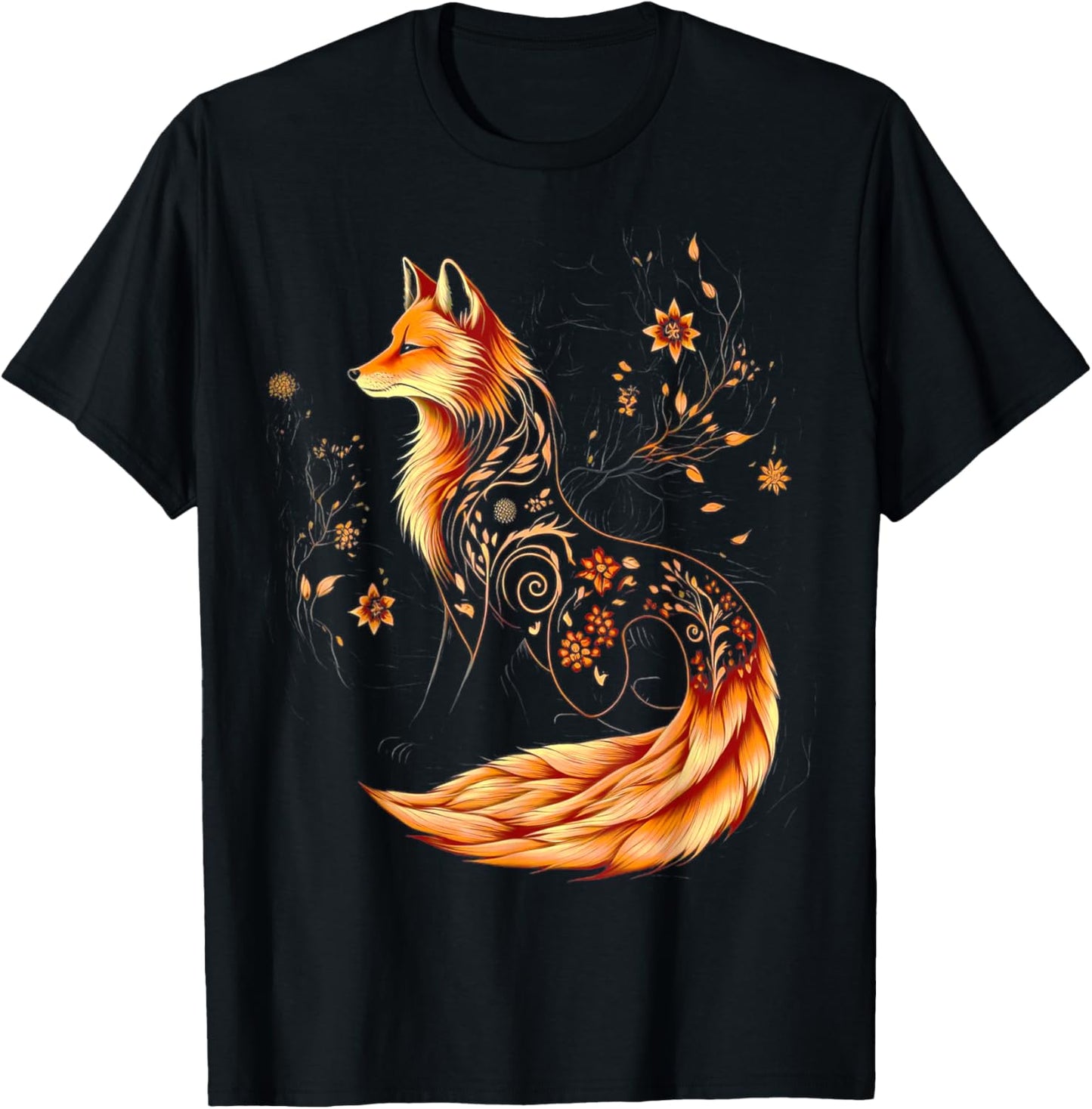 Floral Fox Flowers Art Fox in Autumn - Fall Fox T-Shirt - T-Shirt | Black