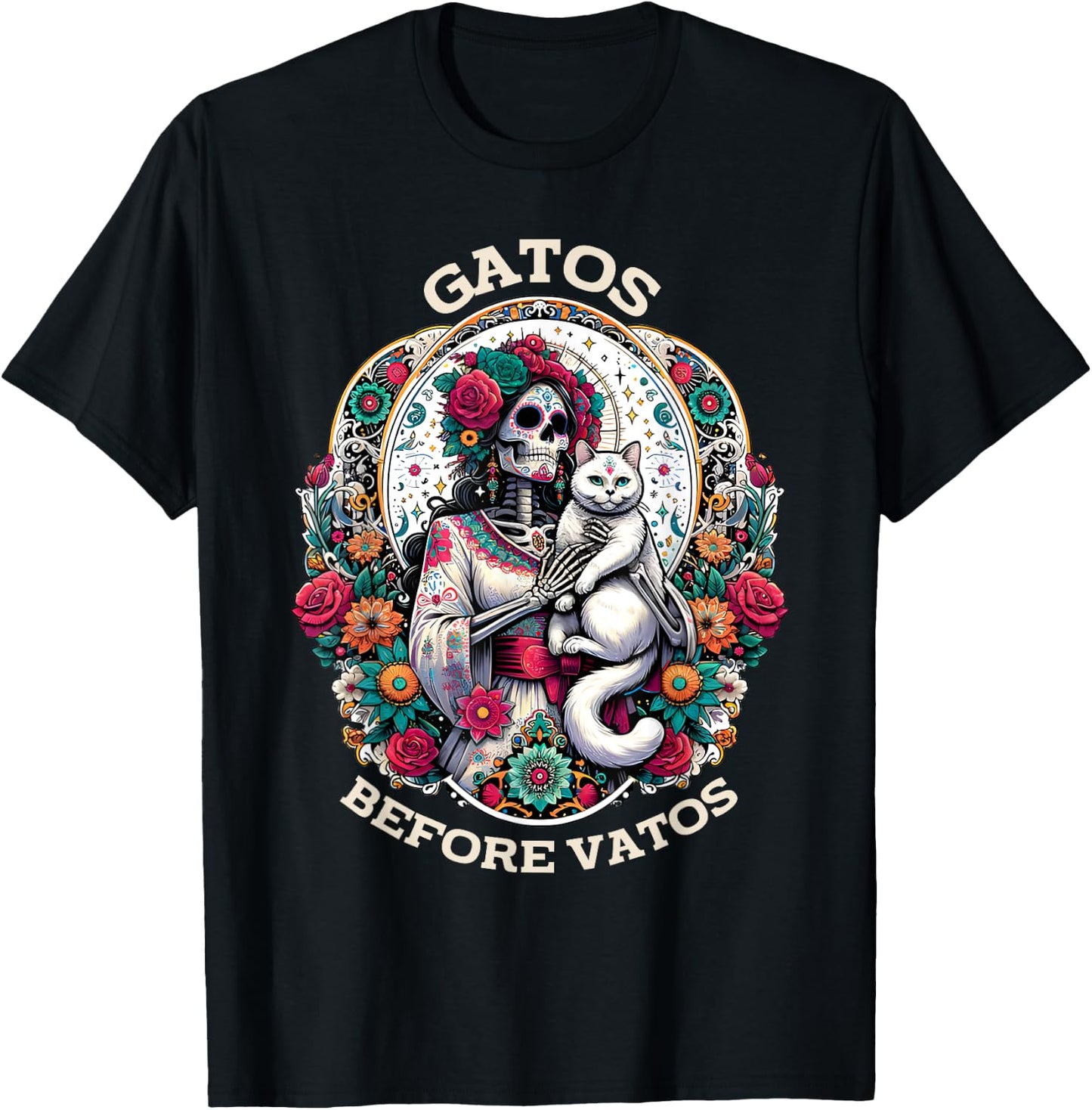 Gatos Before Vatos Tarot Card Skeleton Cat Mexican Fiesta T-Shirt - T-Shirt | Black