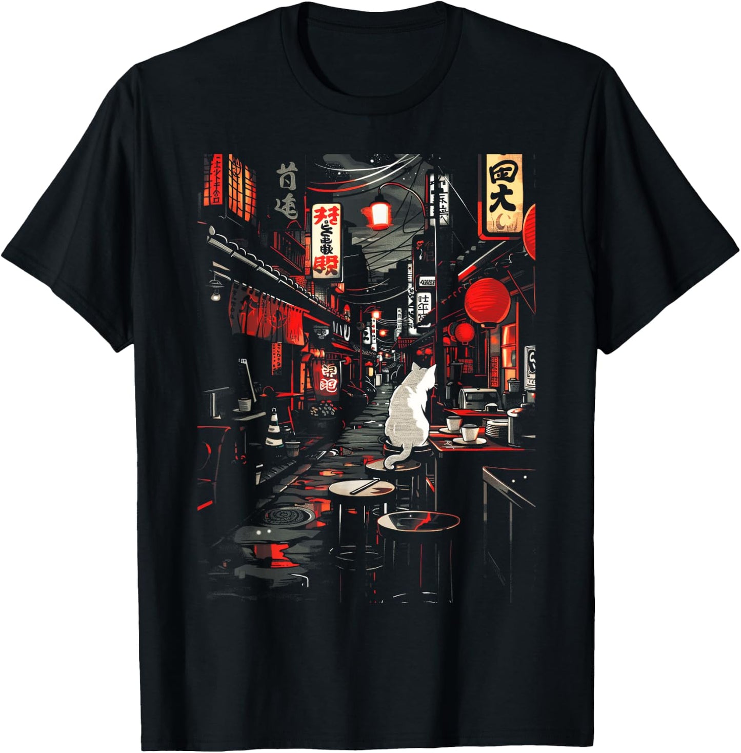 Japanese City Vintage Cat Sushi Japanese street Men Women T-Shirt - T-Shirt | Black