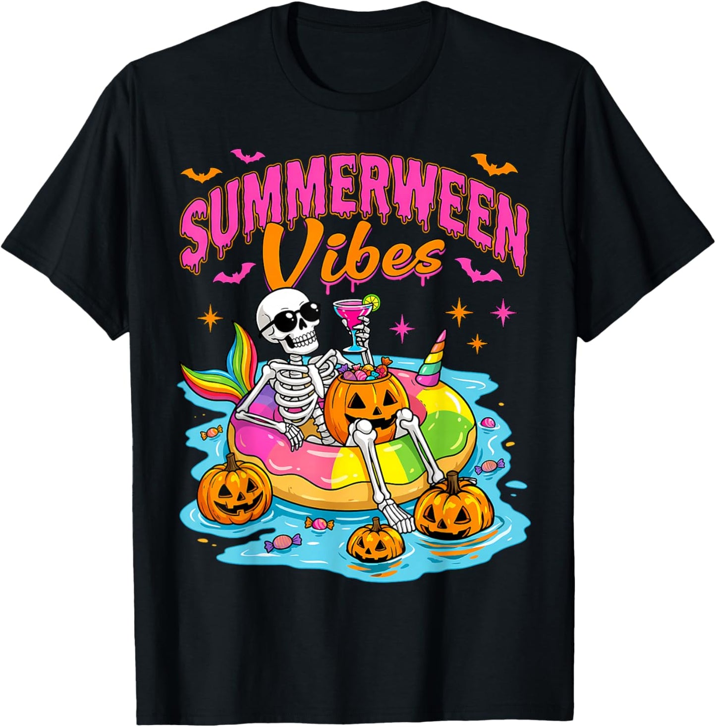 Summerween Funny Skeletons Halloween Floating Pool Pumpkin T-Shirt - T-Shirt | Black