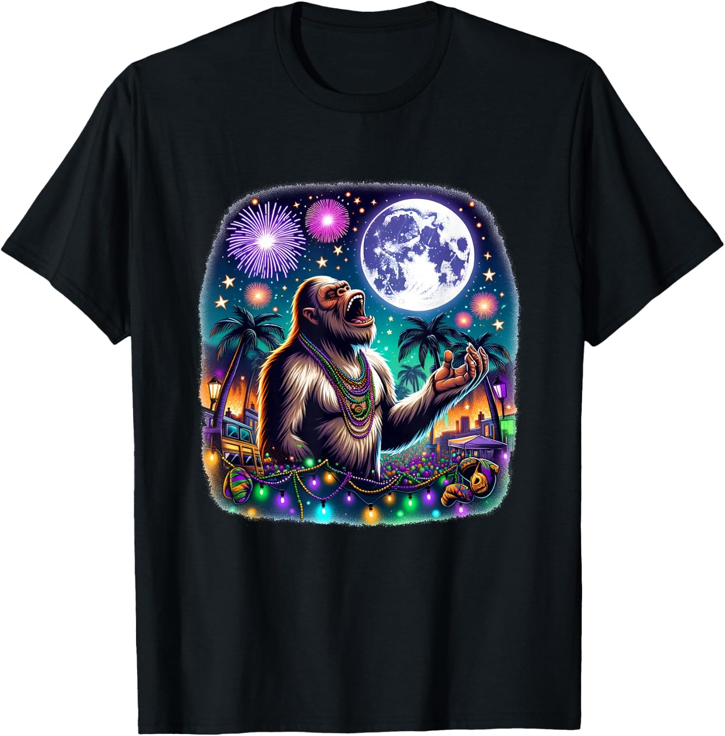 Bigfoot Meets Moon Over Mardi Gras New Orleans Fun T-Shirt - T-Shirt | Black