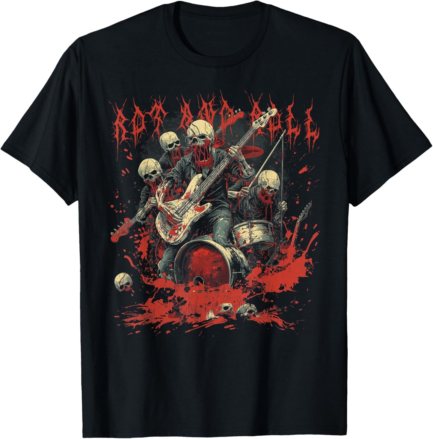 Rock and Blood Zombie Rock Band Rock n Roll Guitar T-Shirt - T-Shirt | Black