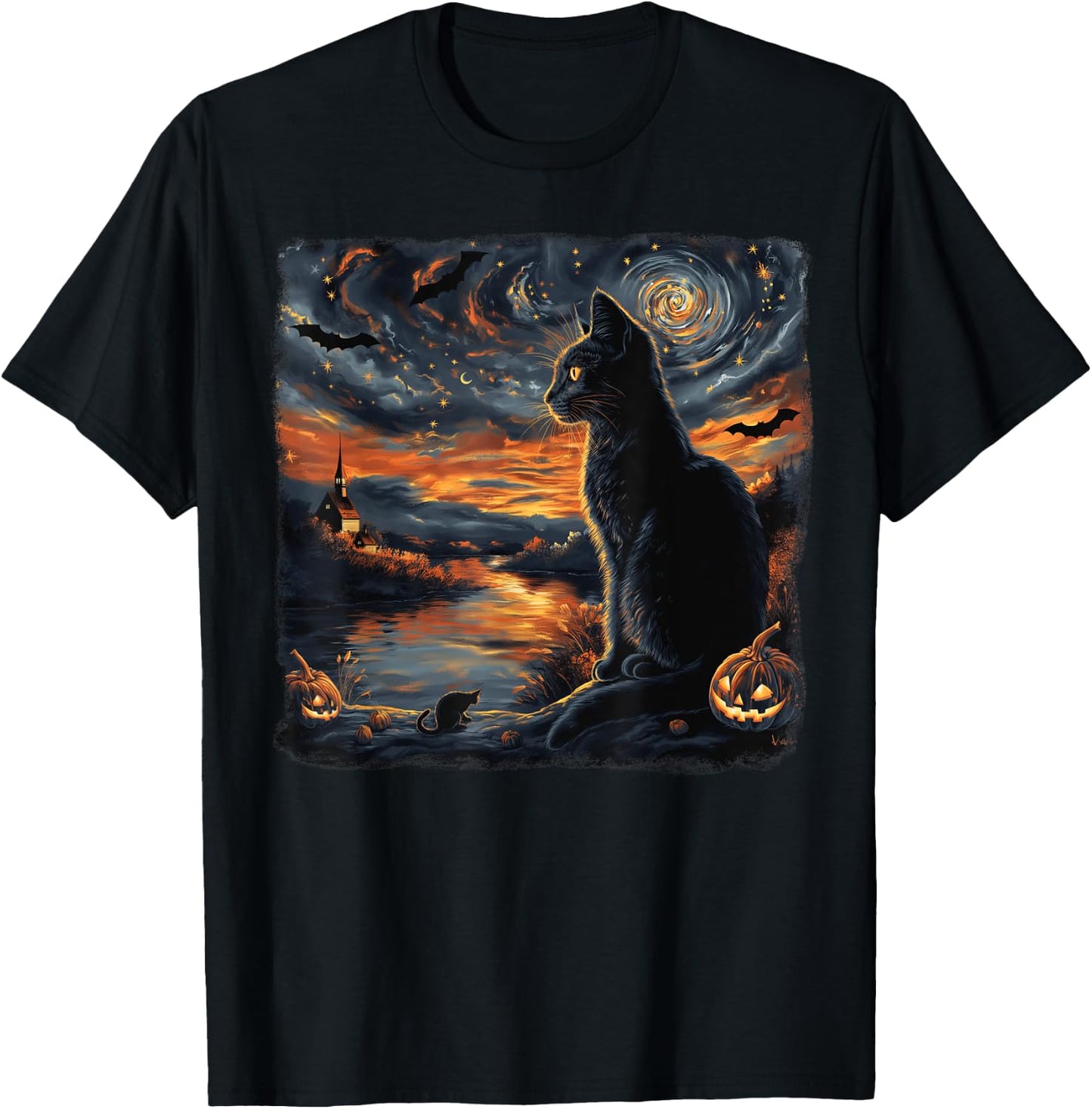 Halloween Van Gogh Starry Night Black Cat Pumpkins Bats Women Kids T-Shirt - T-Shirt | Black