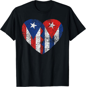Cuban Puerto Rican Flags Heart | Puerto Rico Cuba Roots T-Shirt - T-Shirt | Black