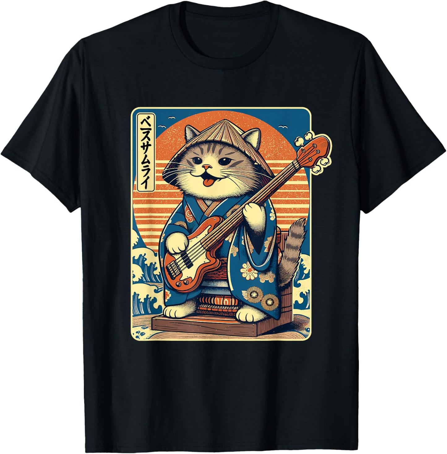 Japanese Samurai Cat Playing The Bass T-Shirt - T-Shirt | Black