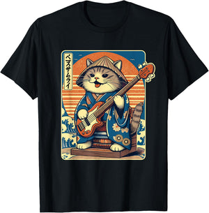 Japanese Samurai Cat Playing The Bass T-Shirt - T-Shirt | Black