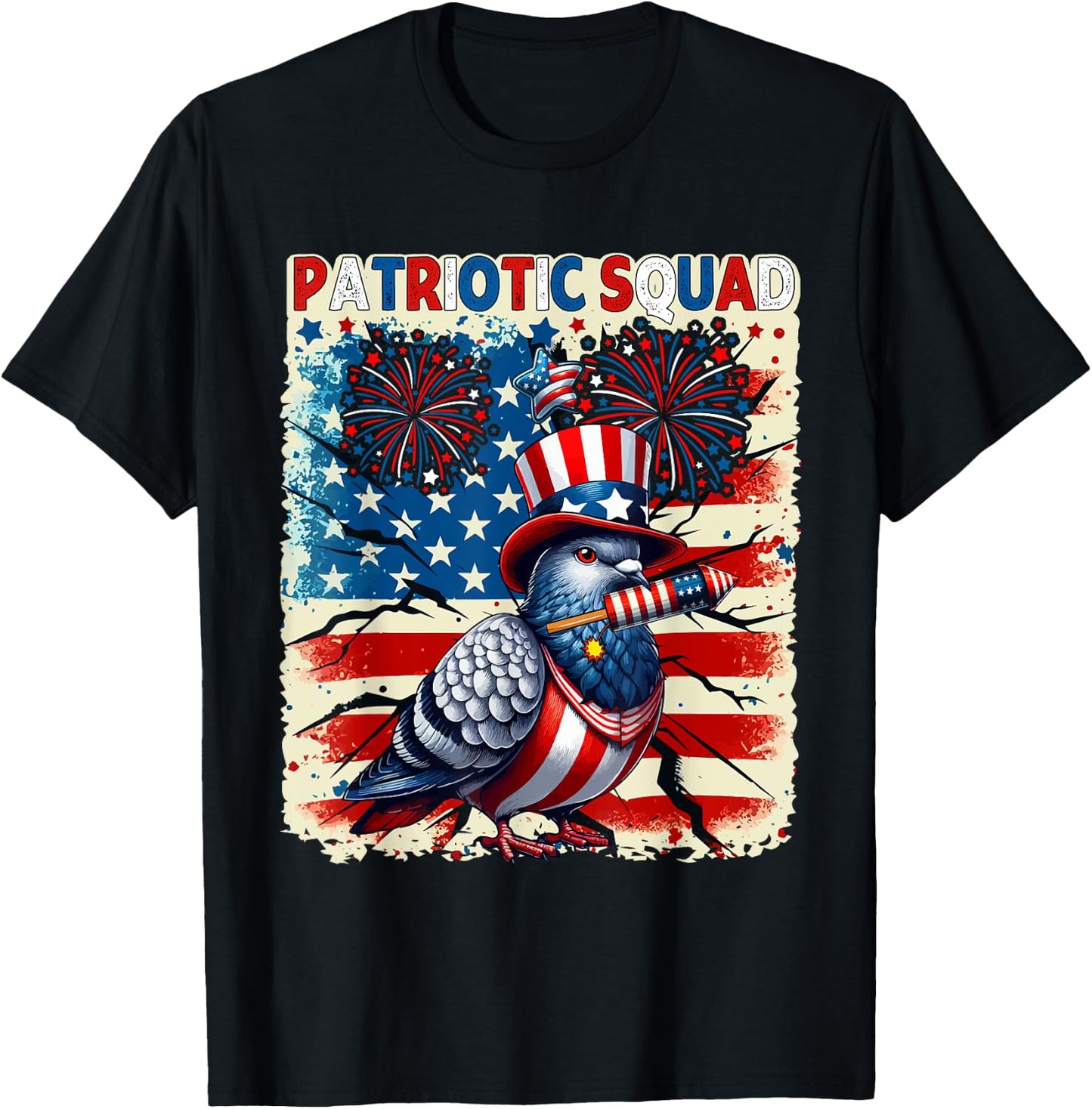 Patriotic Squad Pigeon 4th Of July Fireworks US Flag Lover T-Shirt - T-Shirt | Black