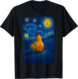 Chicken Farm Lover Girls Women Starry Funny Night Van Gogh T-Shirt - T-Shirt | Black