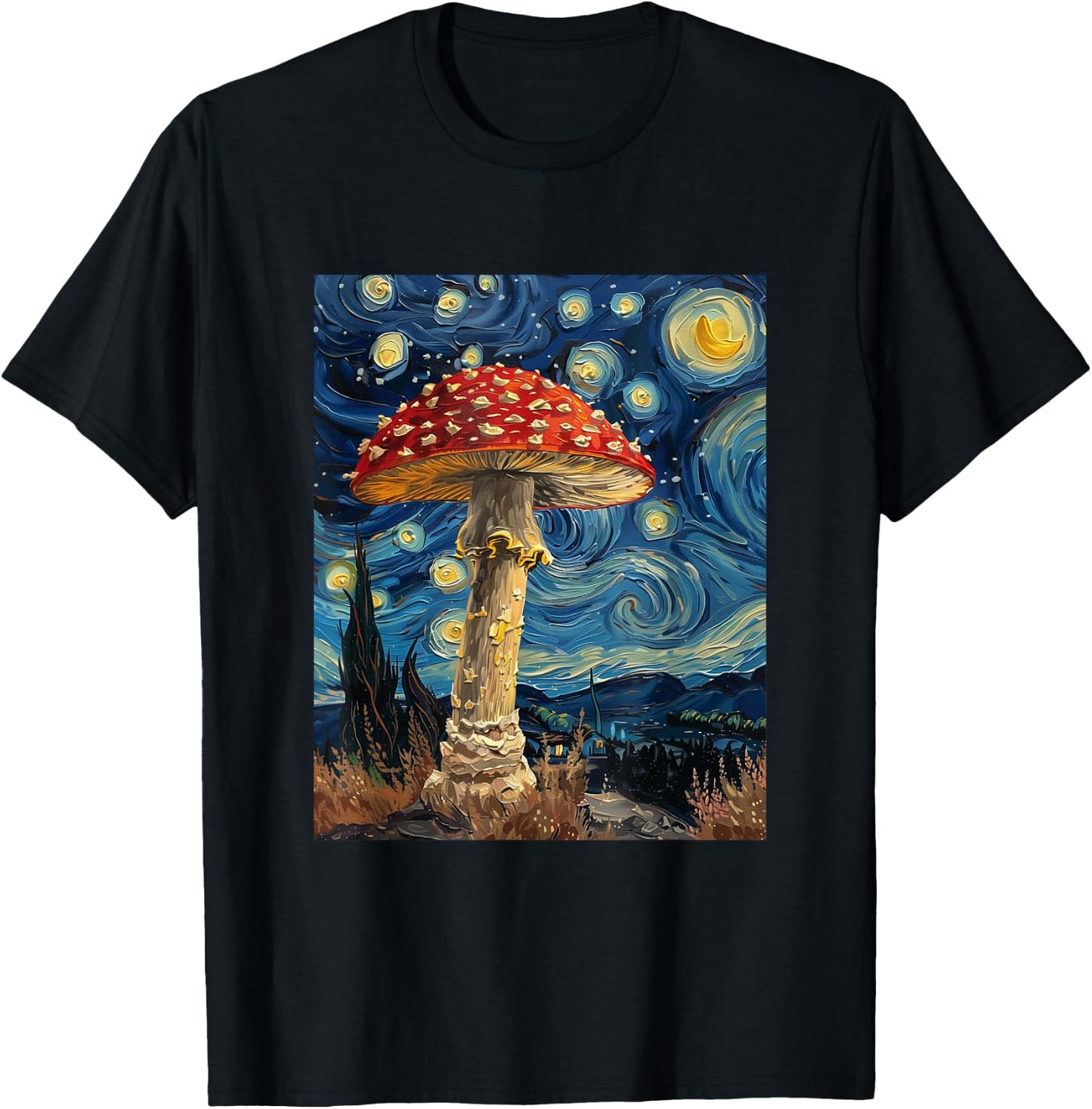 Mushroom - Van Gogh Style - Starry Night T-Shirt - T-Shirt | Black