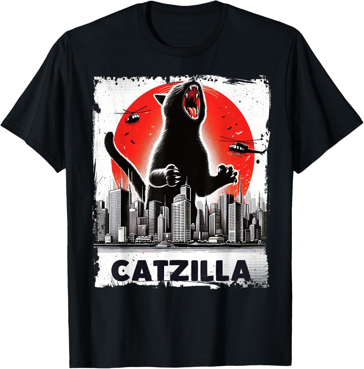 Catzilla Roaring Over City Skyline Cat Monster Kitten Kitty , Small, Black T-Shirt - T-Shirt | Black