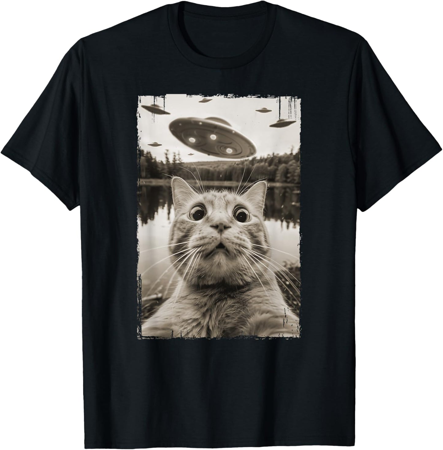 Vintage Cat UFO Encounters - Funny UFO and Cat Selfie Women Kids T-Shirt - T-Shirt | Black