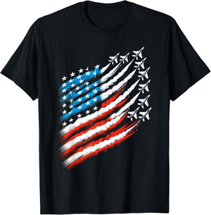 American Patriotic Fighter Jets USA Flag Waving 4th of July Women Men T-Shirt - T-Shirt | Black