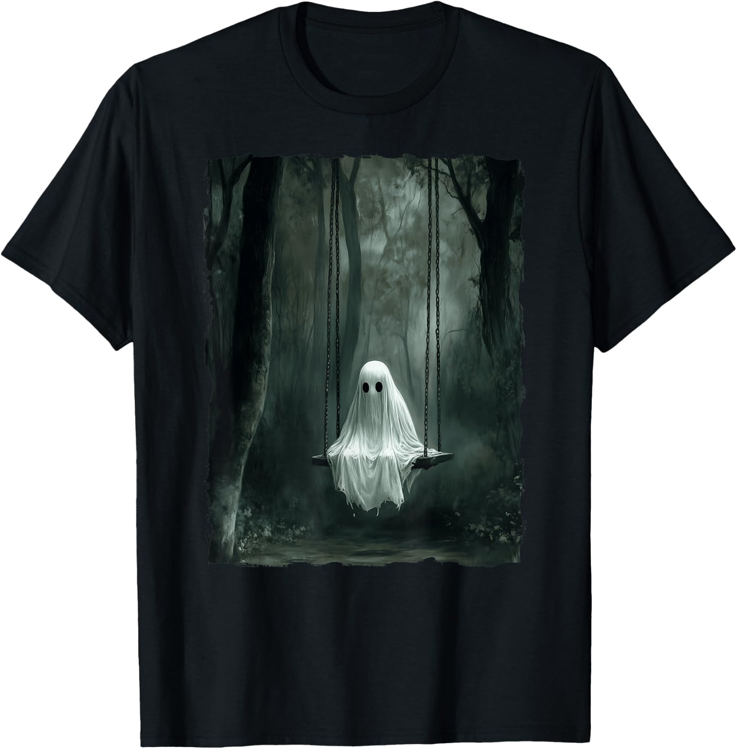 Vintage Floral Ghost On Swing In Forest Spooky Halloween T-Shirt - T-Shirt | Black