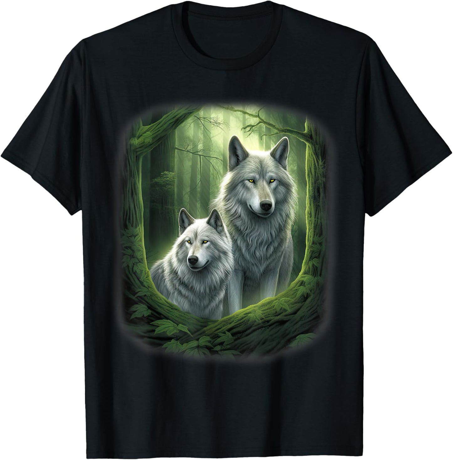 Wolf Wolves in Forest by Night Moon Fantasy Art Wildlife T-Shirt - T-Shirt | Black