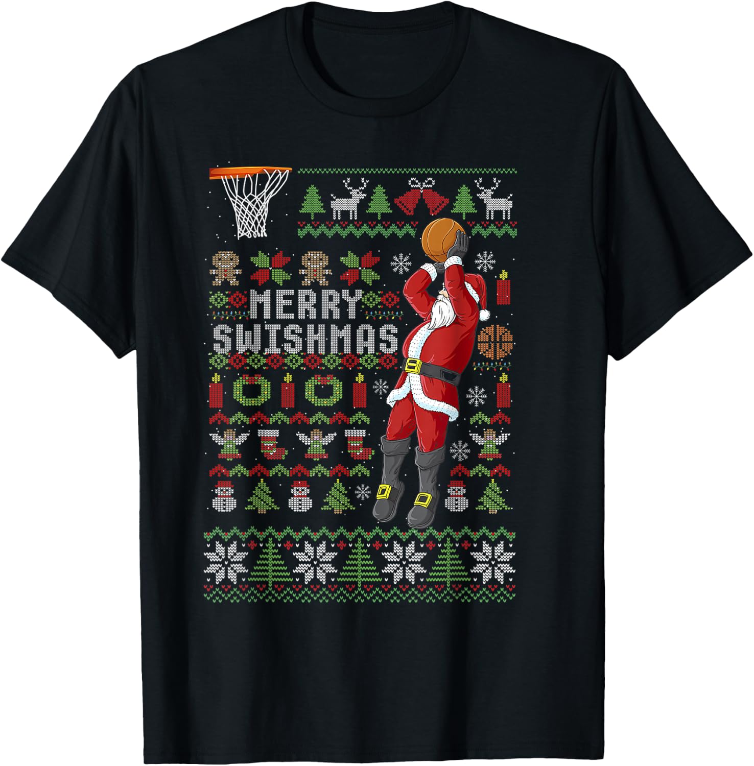 Merry Swishmas Ugly Christmas Basketball Christmas T-Shirt - T-Shirt | Black