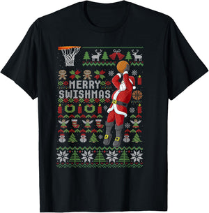 Merry Swishmas Ugly Christmas Basketball Christmas T-Shirt - T-Shirt | Black