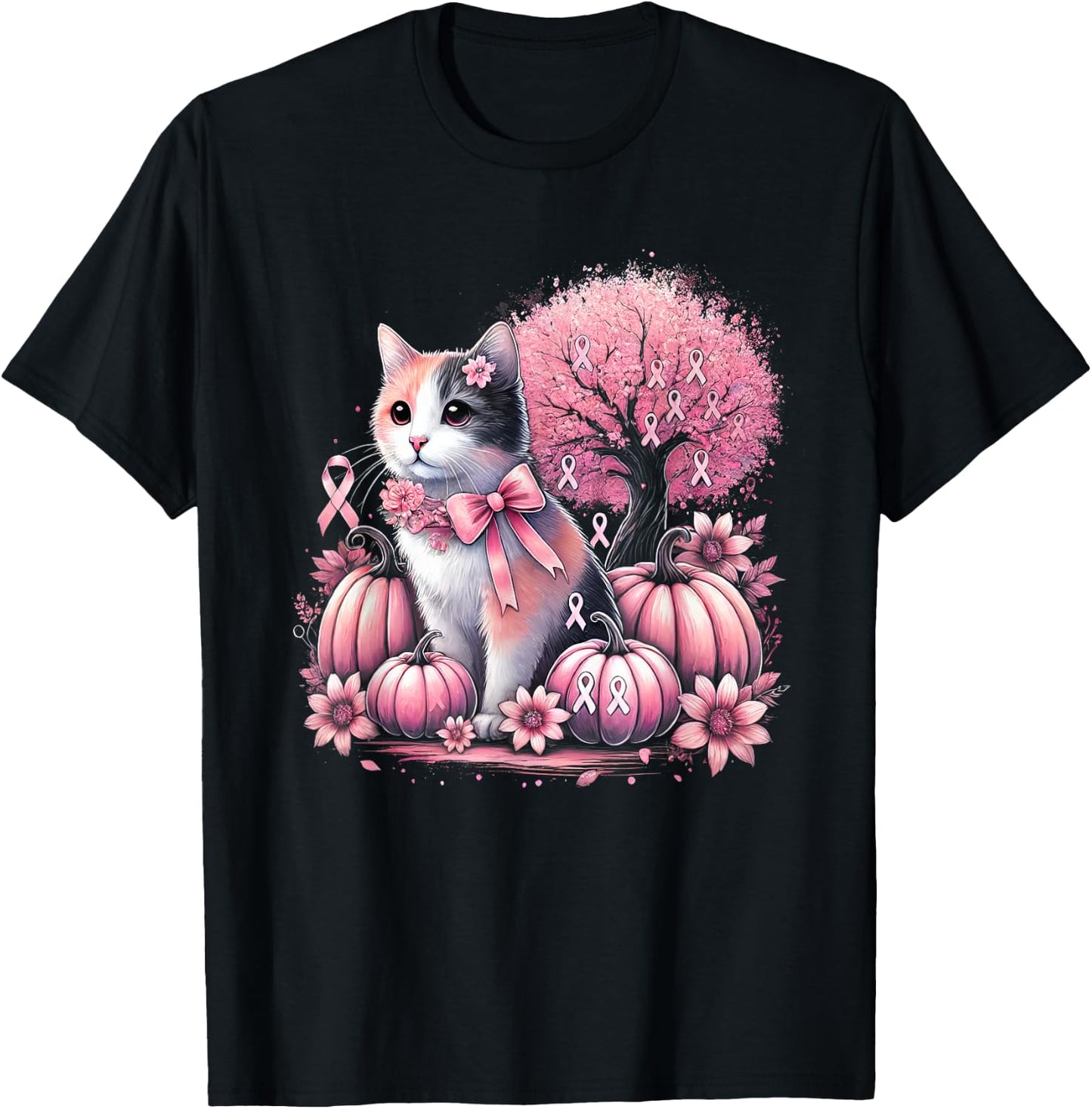 Cat Pink Flower Breast Cancer Awareness Men Women Kids T-Shirt - T-Shirt | Black