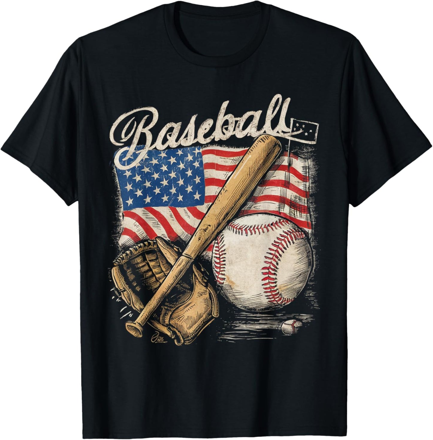 American Flag Baseball Player Bat Fan Catcher Pitcher USA T-Shirt - T-Shirt | Black