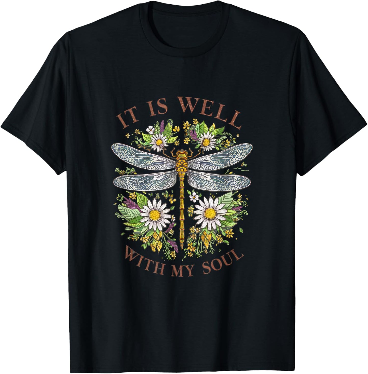 It Is Well With My Soul Dragonfly Floral T-Shirt - T-Shirt | Black