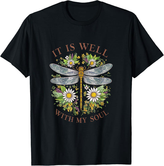 It Is Well With My Soul Dragonfly Floral T-Shirt - T-Shirt | Black