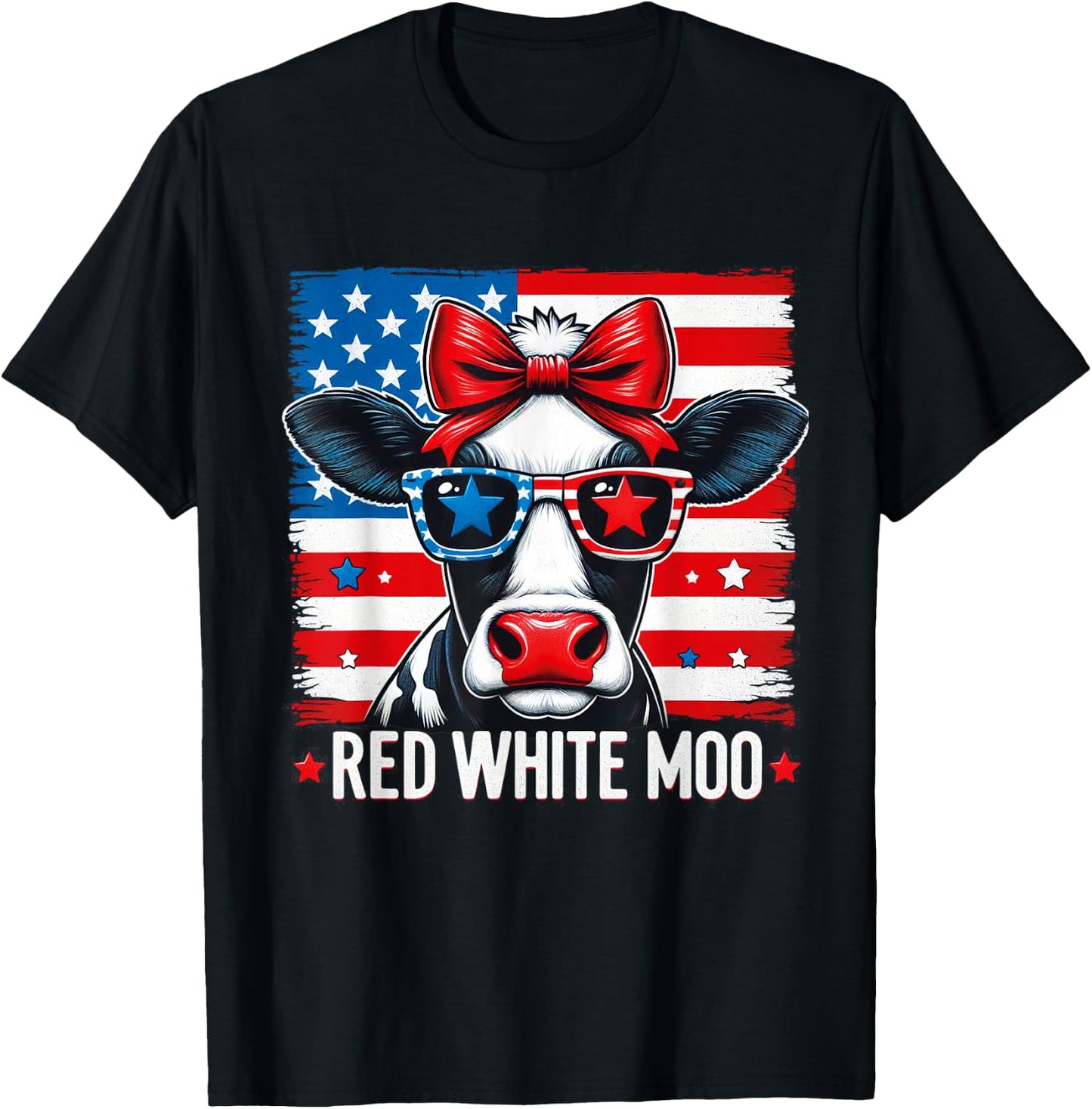 Patriotic Cow USA Flag 4th of July Red and White and Moo T-Shirt - T-Shirt | Black