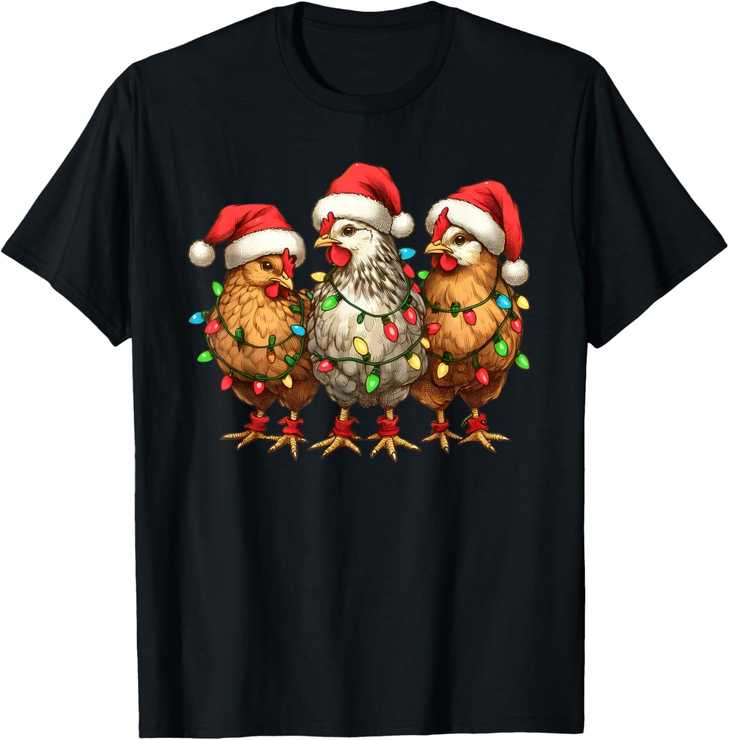 Christmas Chicken Santa Christmas Lights Chicken Xmas Tree T-Shirt - T-Shirt | Black
